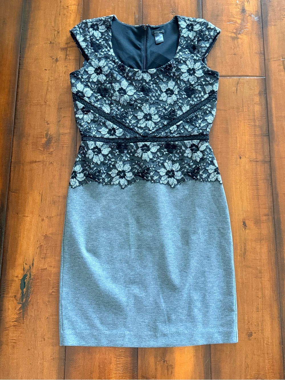 Ann Taylor Black Lace Floral Midi Dress with Gray Skirt